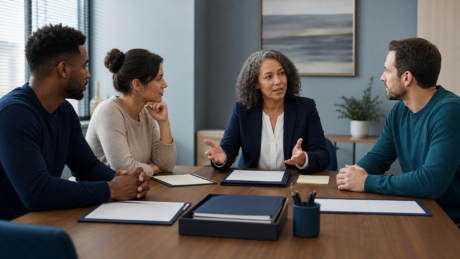 Family-law professional helping a self-represented client review court documents