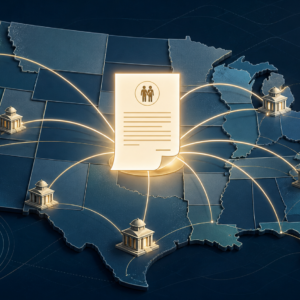 Interstate family-support jurisdiction map connecting courts to one controlling support order