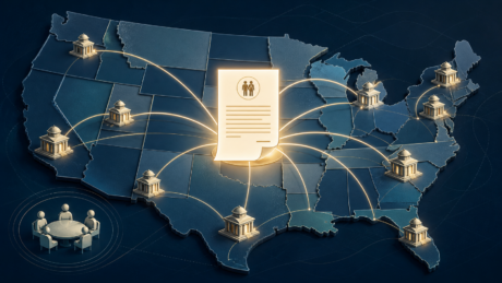 Interstate family-support jurisdiction map connecting courts to one controlling support order