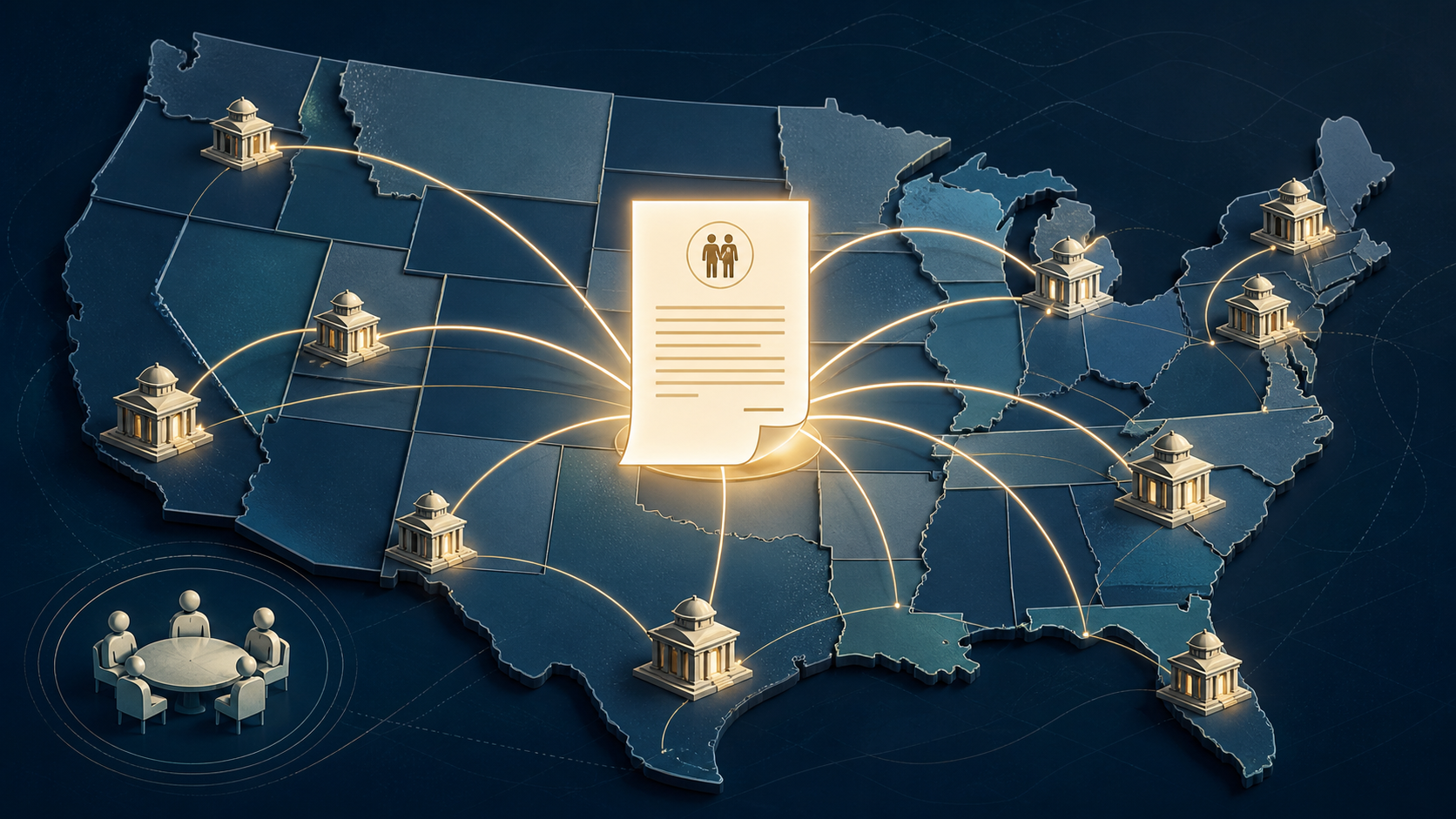 Interstate family-support jurisdiction map connecting courts to one controlling support order