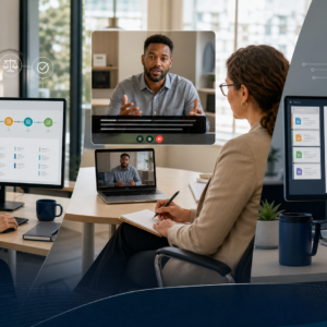 Professional EEO investigation workflow with organized digital evidence, a remote witness interview, and accessible report quality control