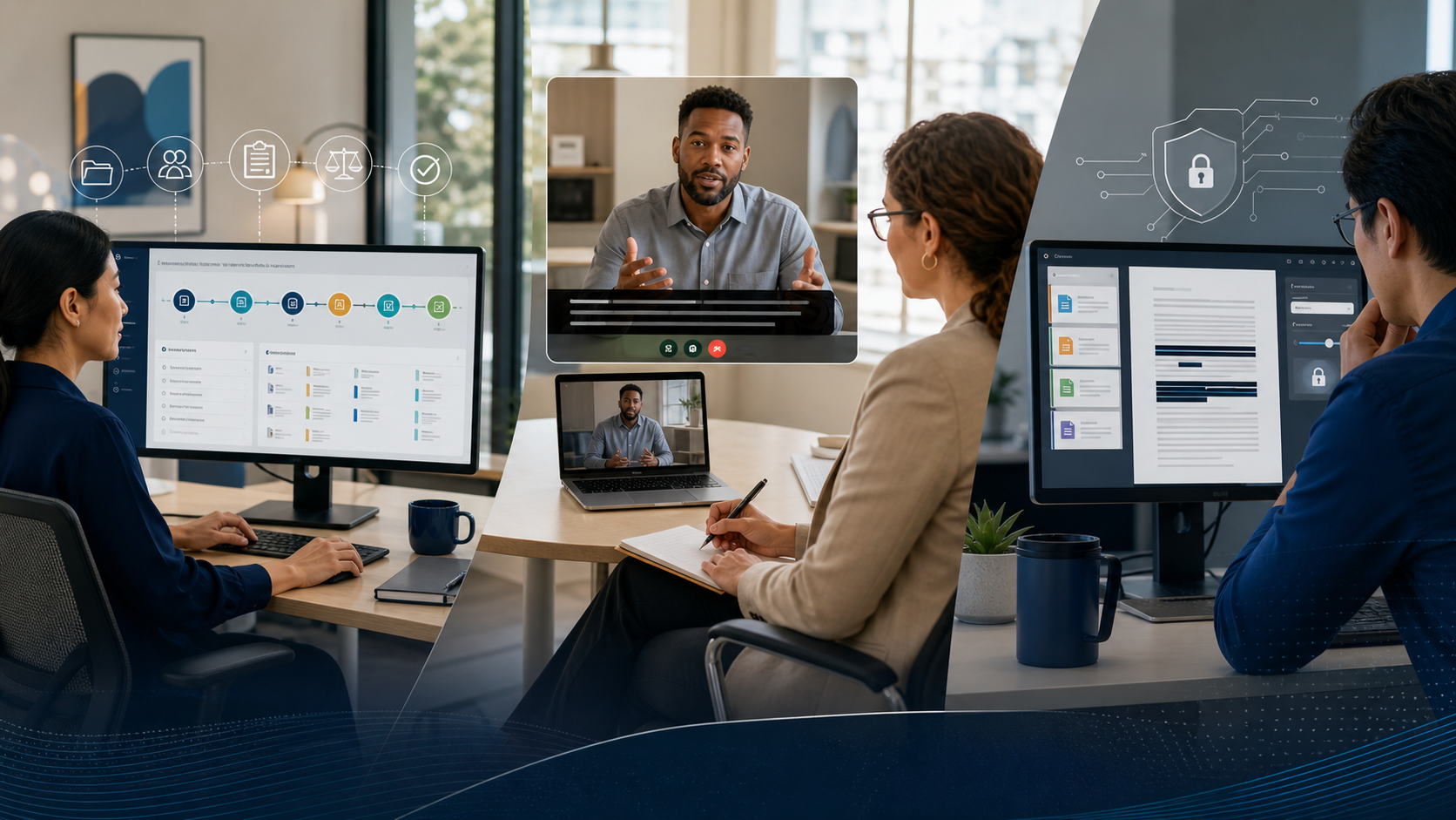 Professional EEO investigation workflow with organized digital evidence, a remote witness interview, and accessible report quality control