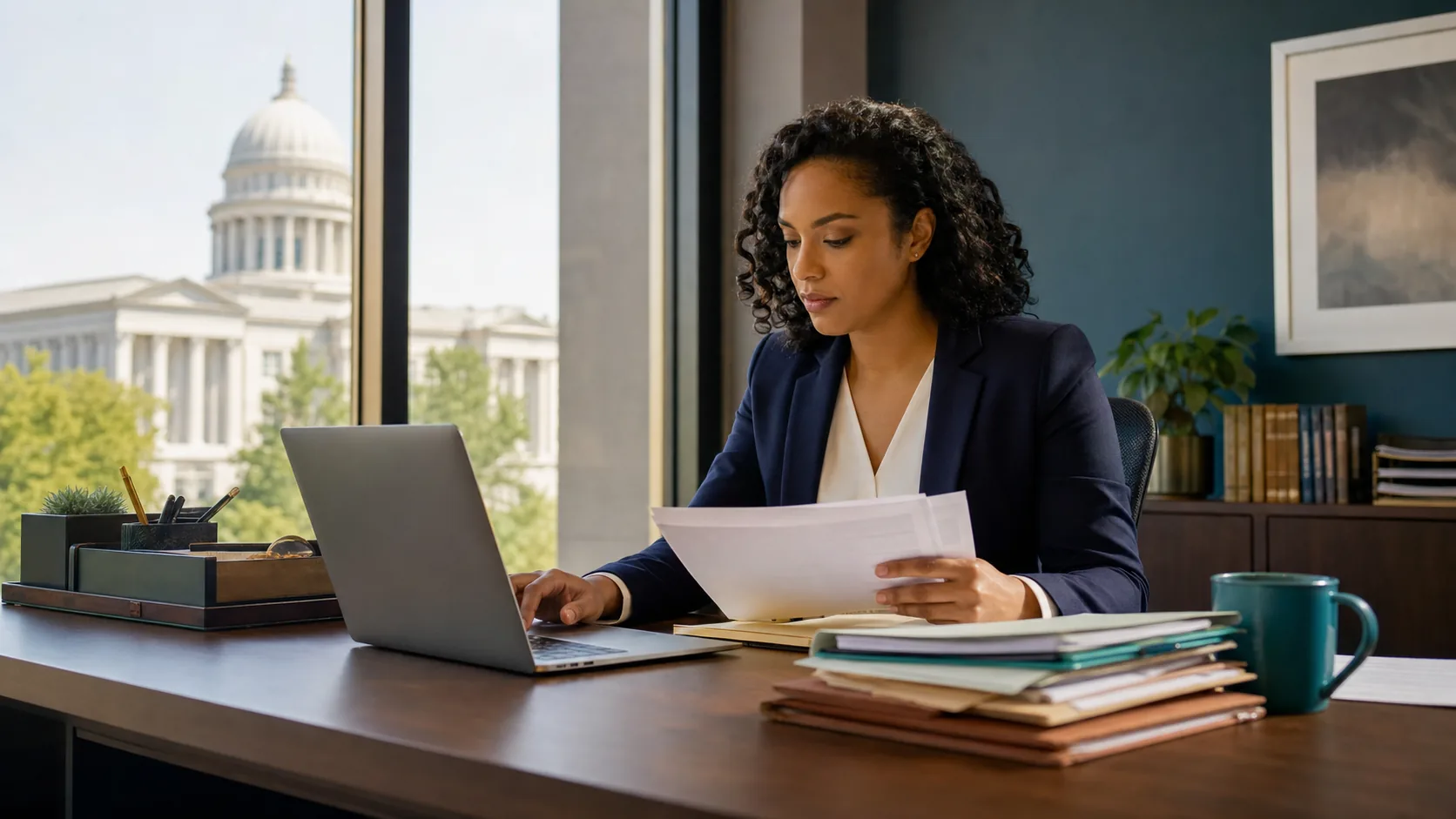 Professional paralegal reviewing a legal case file