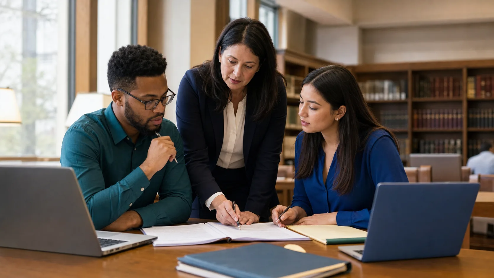 Paralegal students working with an instructor in a law library
