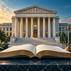 Illustration of a civic building, an open legal reference book and balanced scales.
