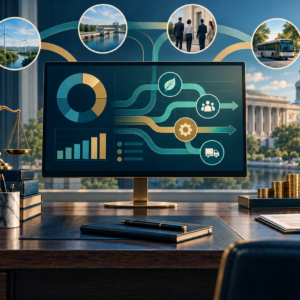 Illustration of a resource planning dashboard and public-service operations.