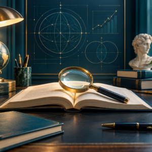 Illustration of reference books, a magnifying glass and analytical diagrams.