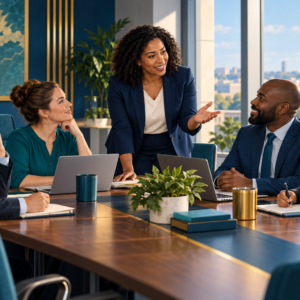 Illustration of professionals collaborating around a conference table.
