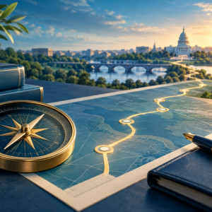 Illustration of a compass and milestones leading toward a civic skyline.