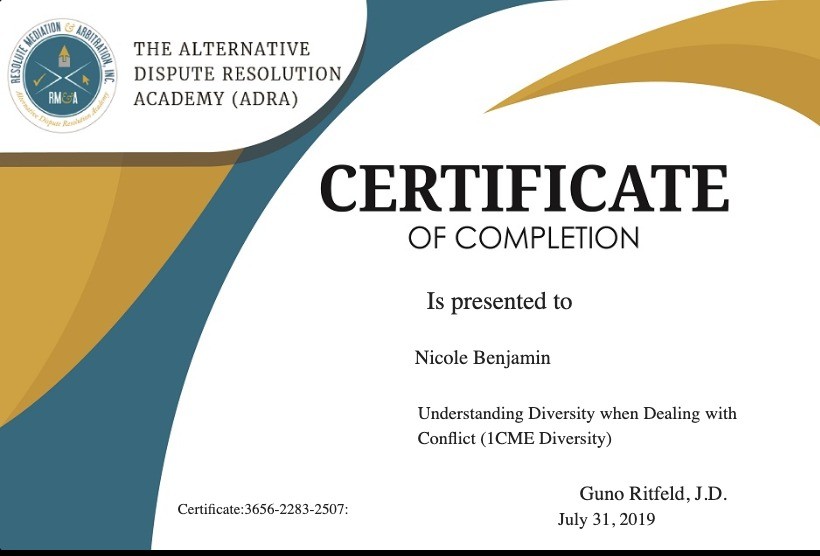 Certificate for User Nicole Benjamin
