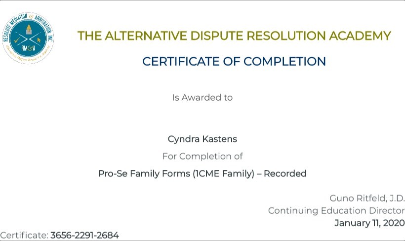 Certificate for User Cyndra Kastens
