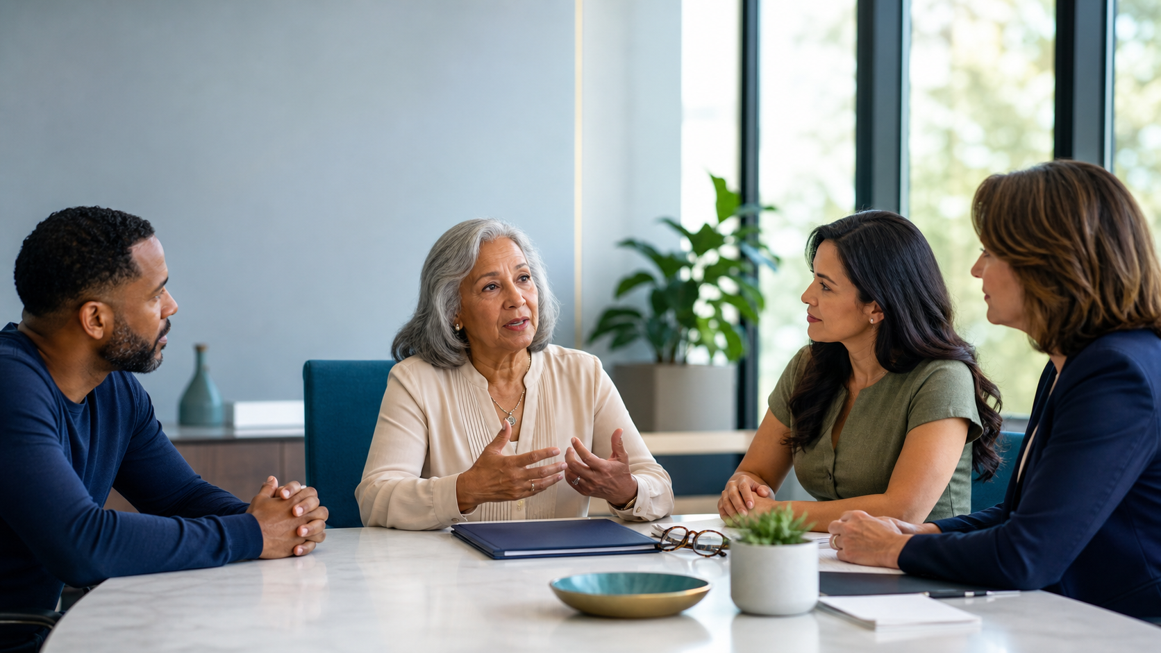 Older adult participating in an elder-mediation session with family and a neutral facilitator
