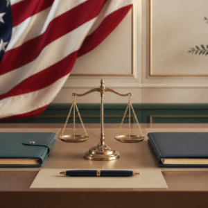 Federal IDR arbitration training with United States flag and balanced scales